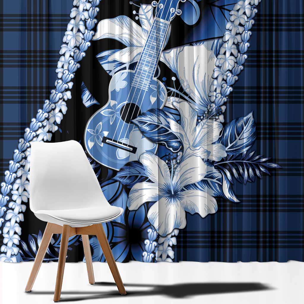 Hawaii Ukulele Window Curtain Tropical Flowers With Palaka Effect Blue Version - Polynesian Pride