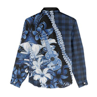 Hawaii Ukulele Women Casual Shirt Tropical Flowers With Palaka Effect Blue Version - Polynesian Pride