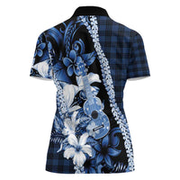Hawaii Ukulele Women Polo Shirt Tropical Flowers With Palaka Effect Blue Version - Polynesian Pride