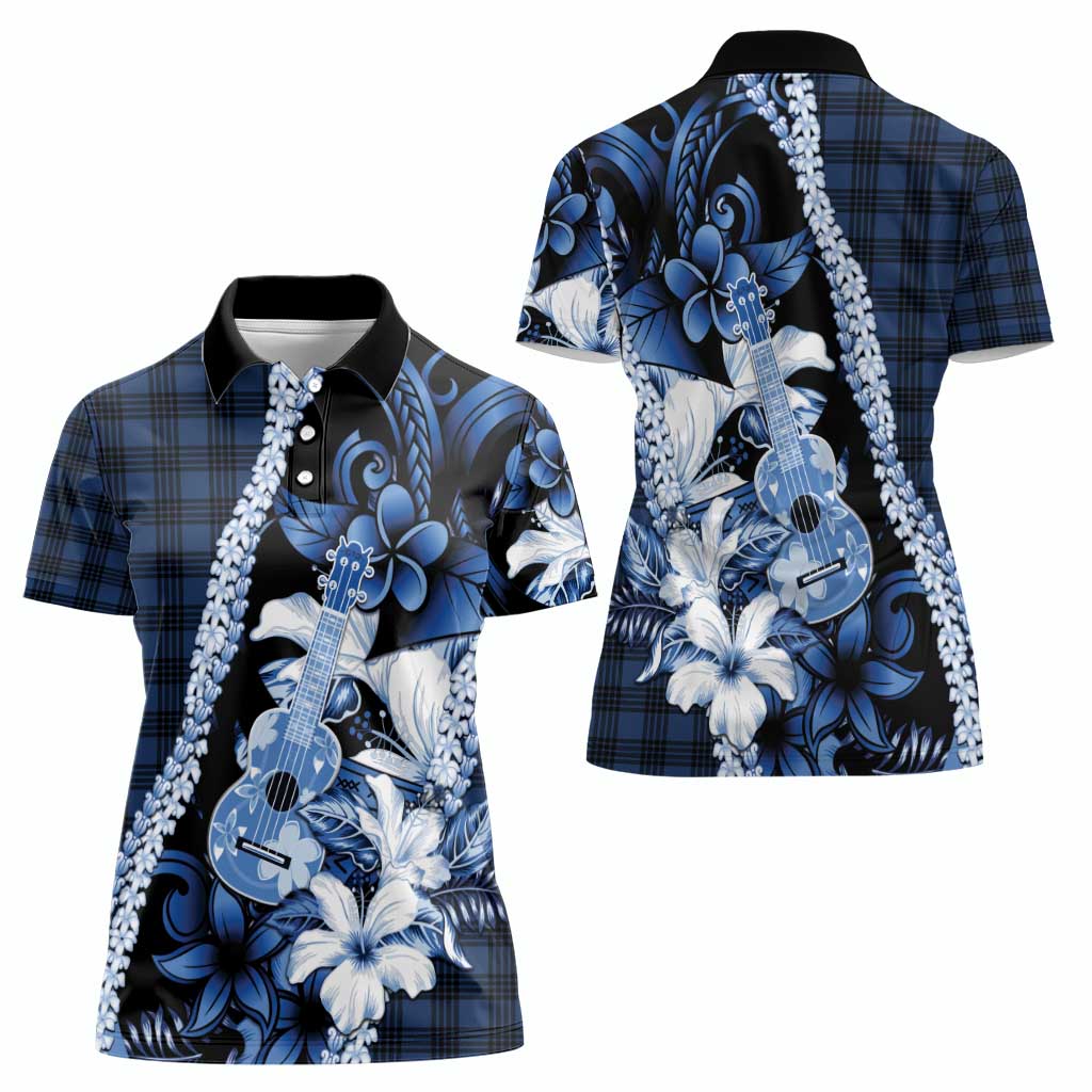 Hawaii Ukulele Women Polo Shirt Tropical Flowers With Palaka Effect Blue Version - Polynesian Pride