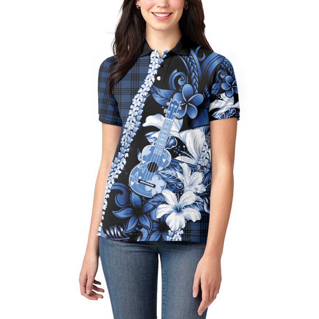Hawaii Ukulele Women Polo Shirt Tropical Flowers With Palaka Effect Blue Version - Polynesian Pride
