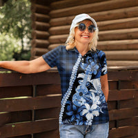 Hawaii Ukulele Women Polo Shirt Tropical Flowers With Palaka Effect Blue Version - Polynesian Pride