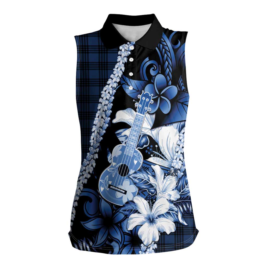 Hawaii Ukulele Women Sleeveless Polo Shirt Tropical Flowers With Palaka Effect Blue Version - Polynesian Pride