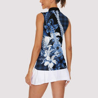 Hawaii Ukulele Women Sleeveless Polo Shirt Tropical Flowers With Palaka Effect Blue Version - Polynesian Pride