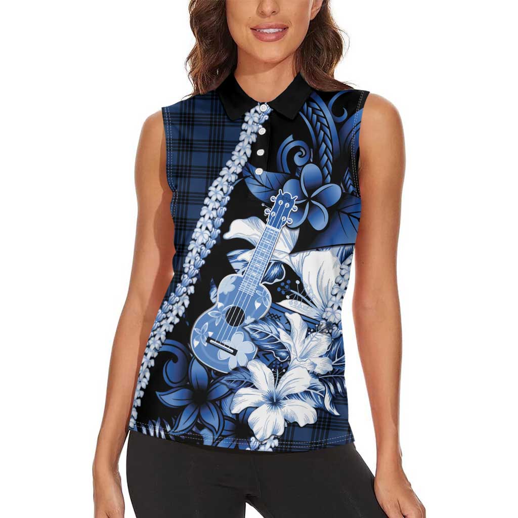 Hawaii Ukulele Women Sleeveless Polo Shirt Tropical Flowers With Palaka Effect Blue Version - Polynesian Pride