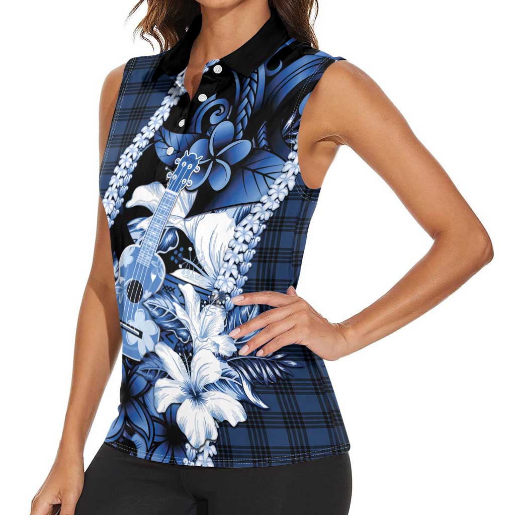Hawaii Ukulele Women Sleeveless Polo Shirt Tropical Flowers With Palaka Effect Blue Version - Polynesian Pride