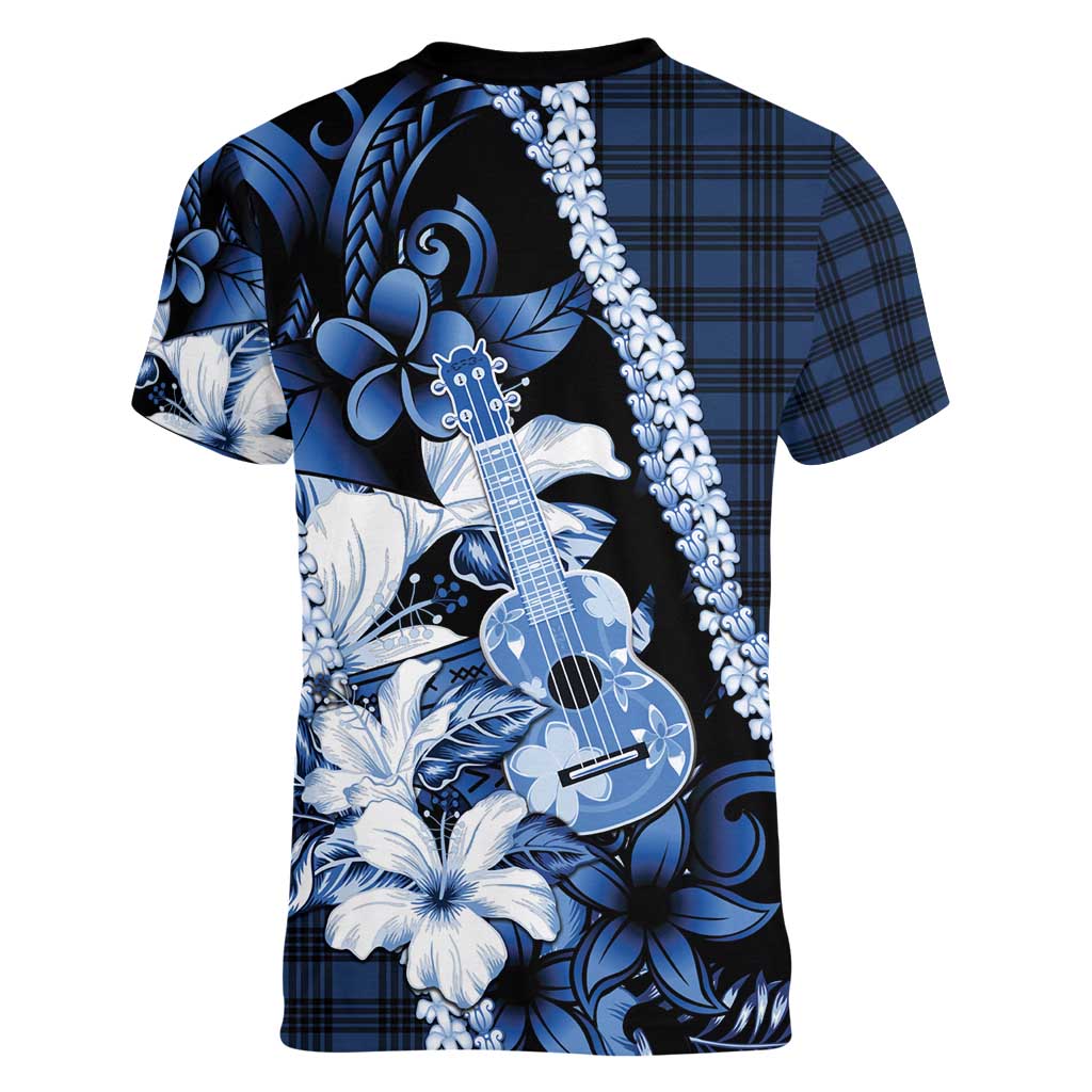 Hawaii Ukulele Women V-Neck T-Shirt Tropical Flowers With Palaka Effect Blue Version - Polynesian Pride