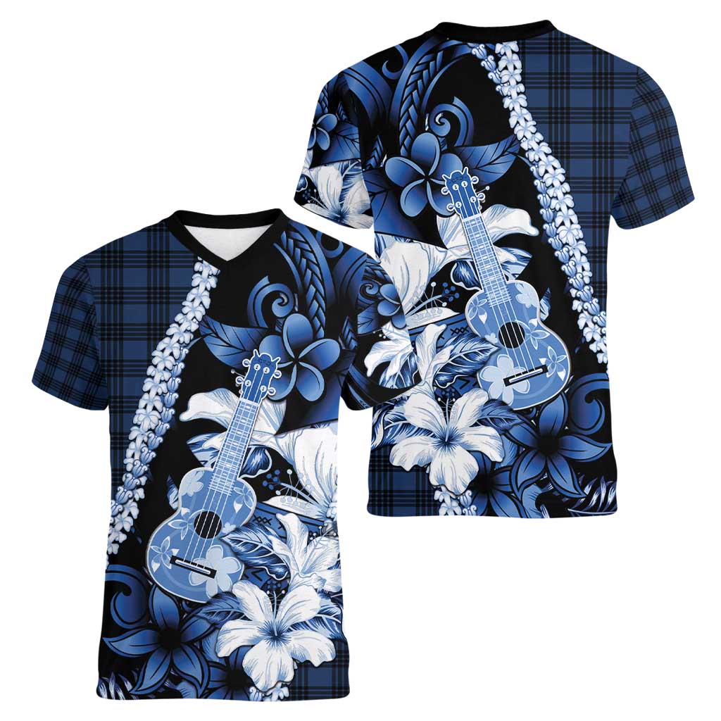 Hawaii Ukulele Women V-Neck T-Shirt Tropical Flowers With Palaka Effect Blue Version - Polynesian Pride