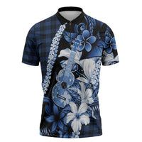 Hawaii Ukulele Zipper Polo Shirt Tropical Flowers With Palaka Effect Blue Version - Polynesian Pride