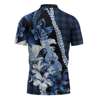 Hawaii Ukulele Zipper Polo Shirt Tropical Flowers With Palaka Effect Blue Version - Polynesian Pride