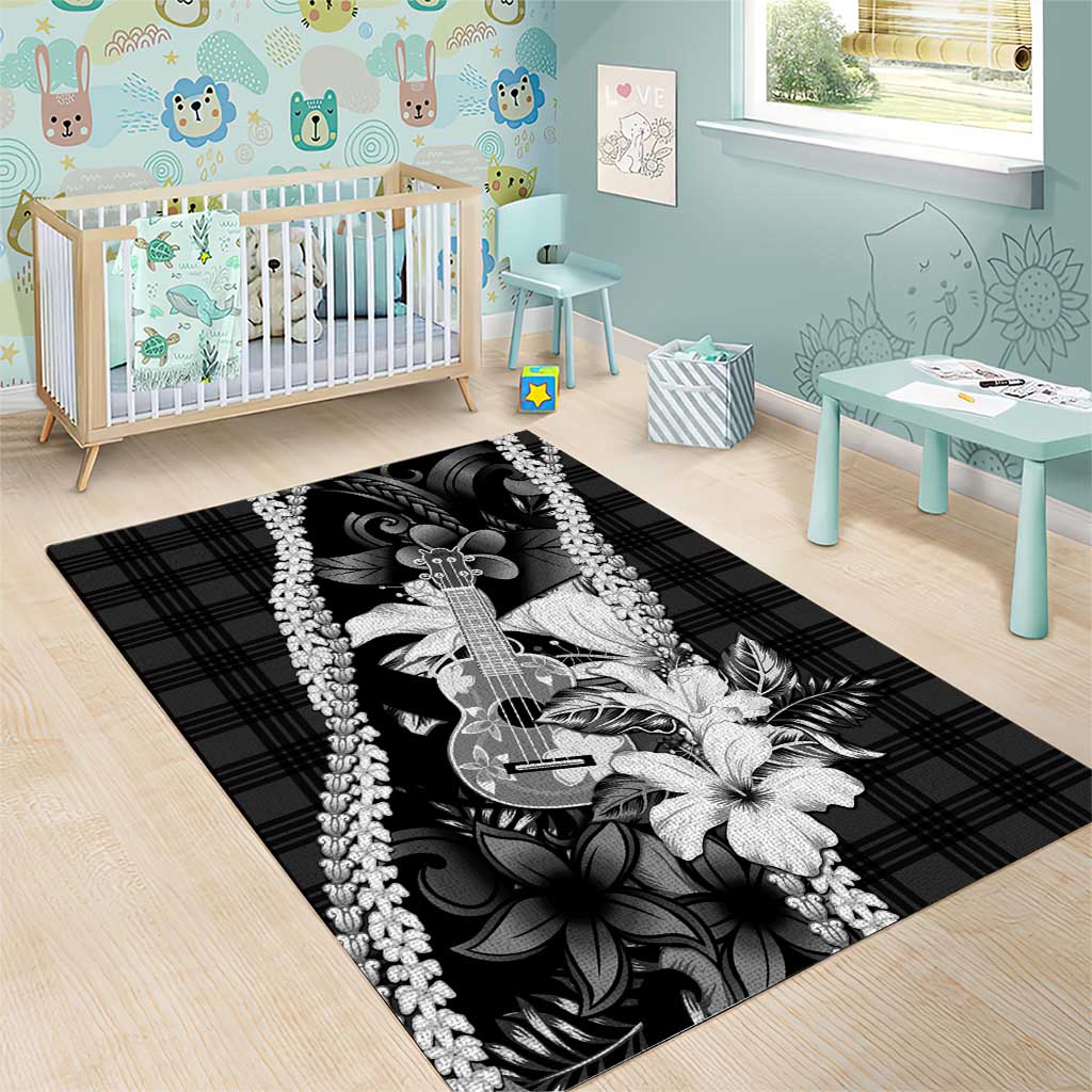 Hawaii Ukulele Area Rug Tropical Flowers With Palaka Effect Black Version - Polynesian Pride