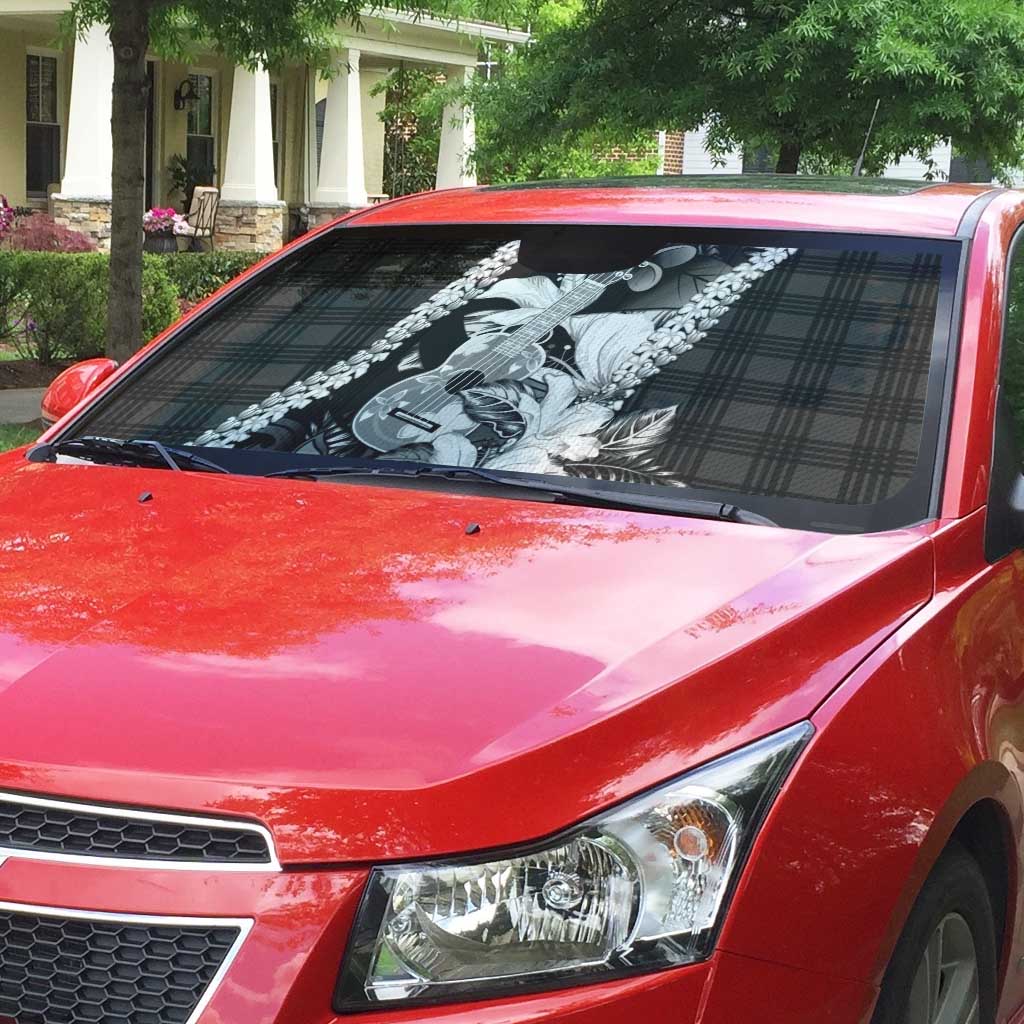 Hawaii Ukulele Auto Sun Shade Tropical Flowers With Palaka Effect Black Version - Polynesian Pride