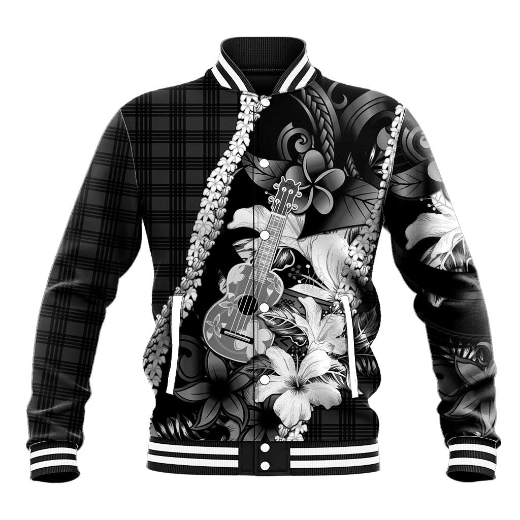 Hawaii Ukulele Baseball Jacket Tropical Flowers With Palaka Effect Black Version - Polynesian Pride