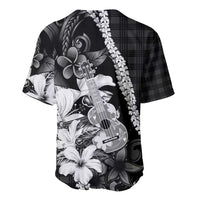 Hawaii Ukulele Baseball Jersey Tropical Flowers With Palaka Effect Black Version - Polynesian Pride