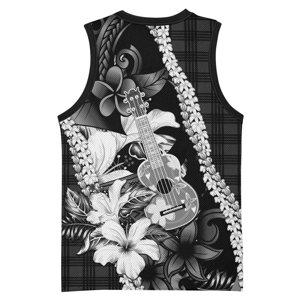 Hawaii Ukulele Basketball Jersey Tropical Flowers With Palaka Effect Black Version - Polynesian Pride