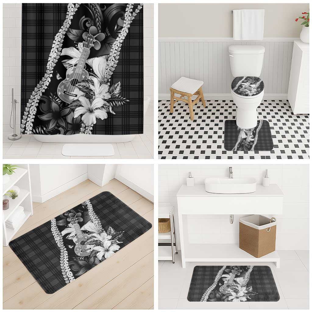 Hawaii Ukulele Bathroom Set Tropical Flowers With Palaka Effect Black Version - Polynesian Pride