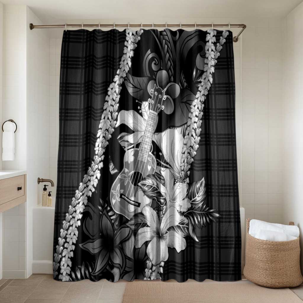 Hawaii Ukulele Bathroom Set Tropical Flowers With Palaka Effect Black Version - Polynesian Pride