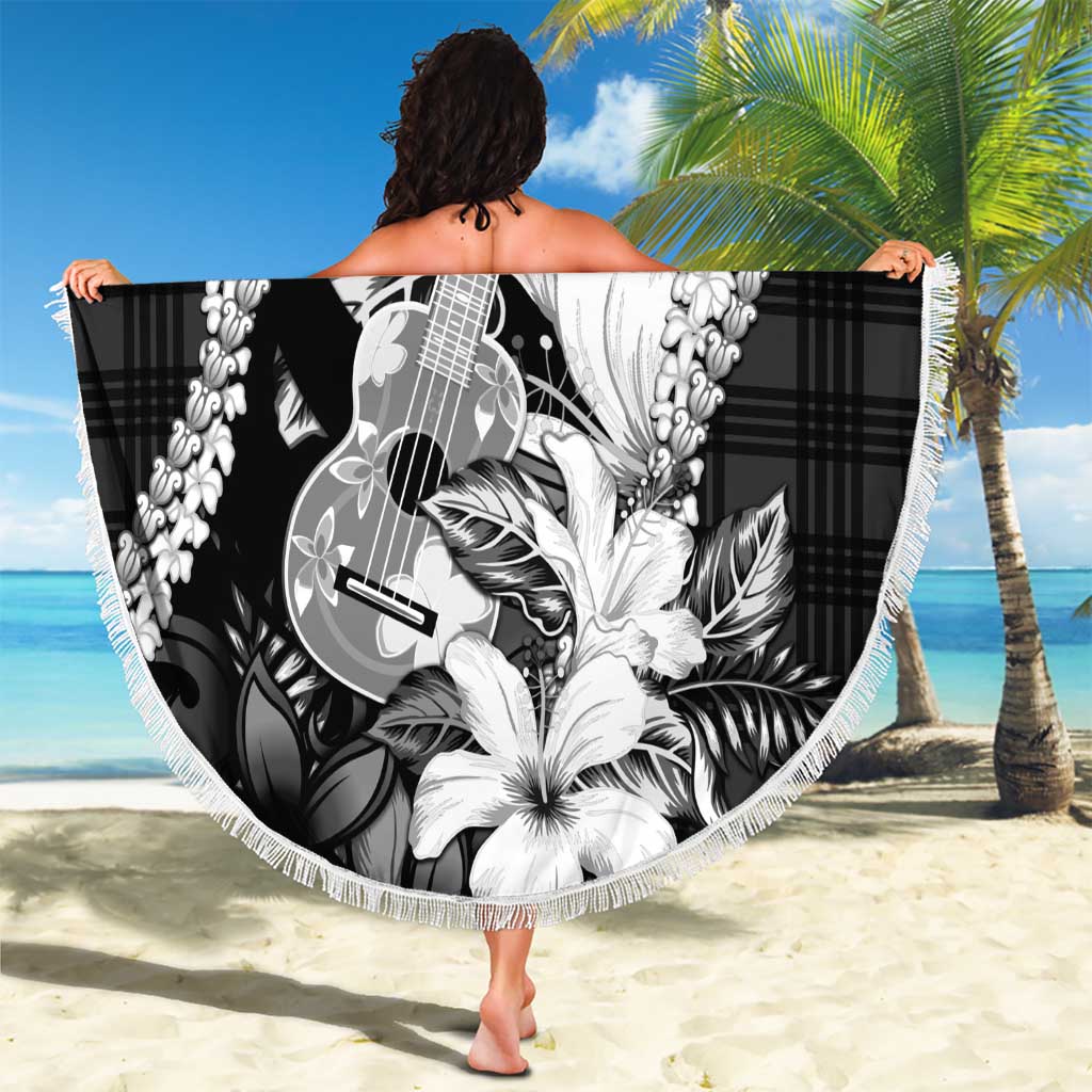 Hawaii Ukulele Beach Blanket Tropical Flowers With Palaka Effect Black Version - Polynesian Pride