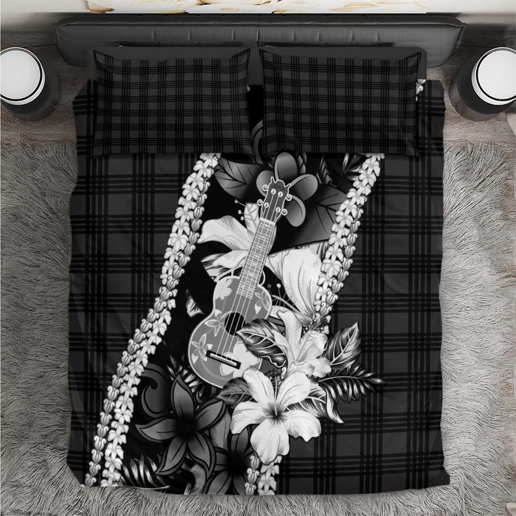Hawaii Ukulele Bedding Set Tropical Flowers With Palaka Effect Black Version - Polynesian Pride