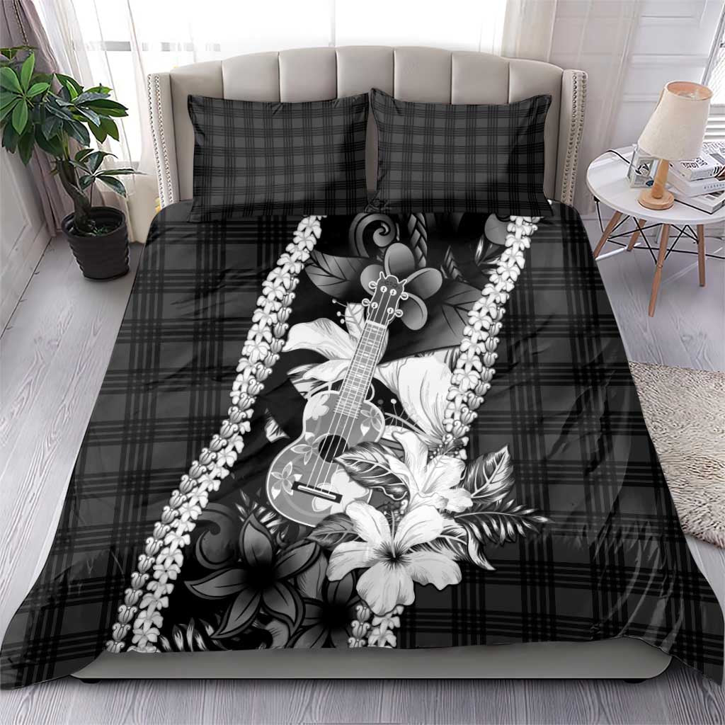 Hawaii Ukulele Bedding Set Tropical Flowers With Palaka Effect Black Version - Polynesian Pride