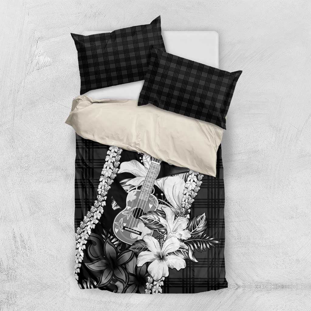 Hawaii Ukulele Bedding Set Tropical Flowers With Palaka Effect Black Version - Polynesian Pride