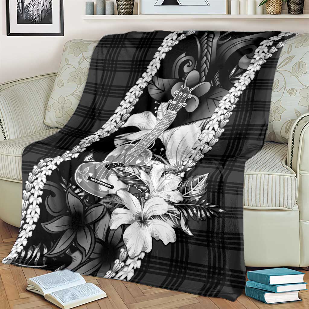 Hawaii Ukulele Blanket Tropical Flowers With Palaka Effect Black Version - Polynesian Pride