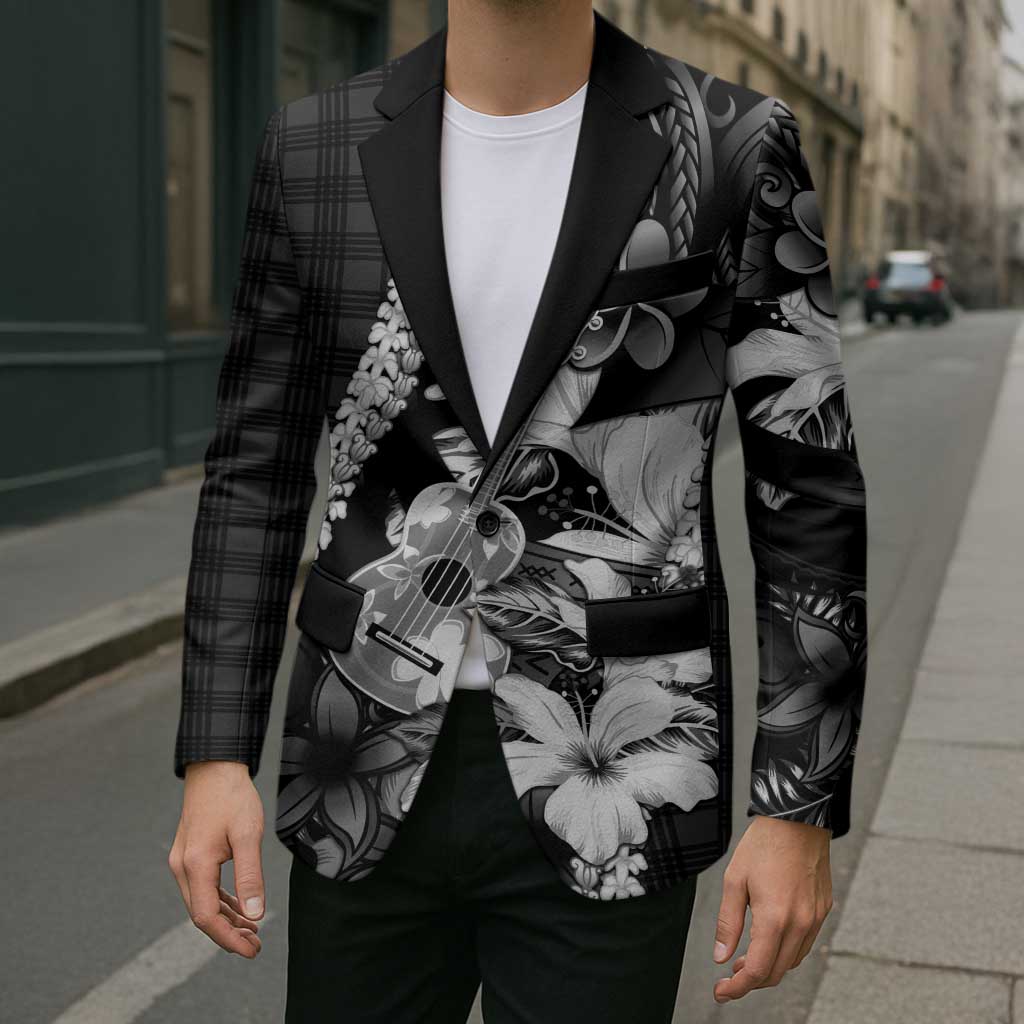 Hawaii Ukulele Blazer Tropical Flowers With Palaka Effect Black Version - Polynesian Pride
