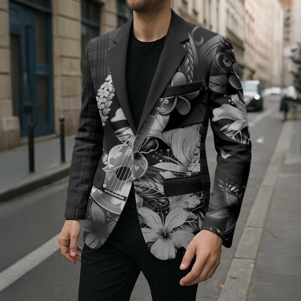 Hawaii Ukulele Blazer Tropical Flowers With Palaka Effect Black Version - Polynesian Pride