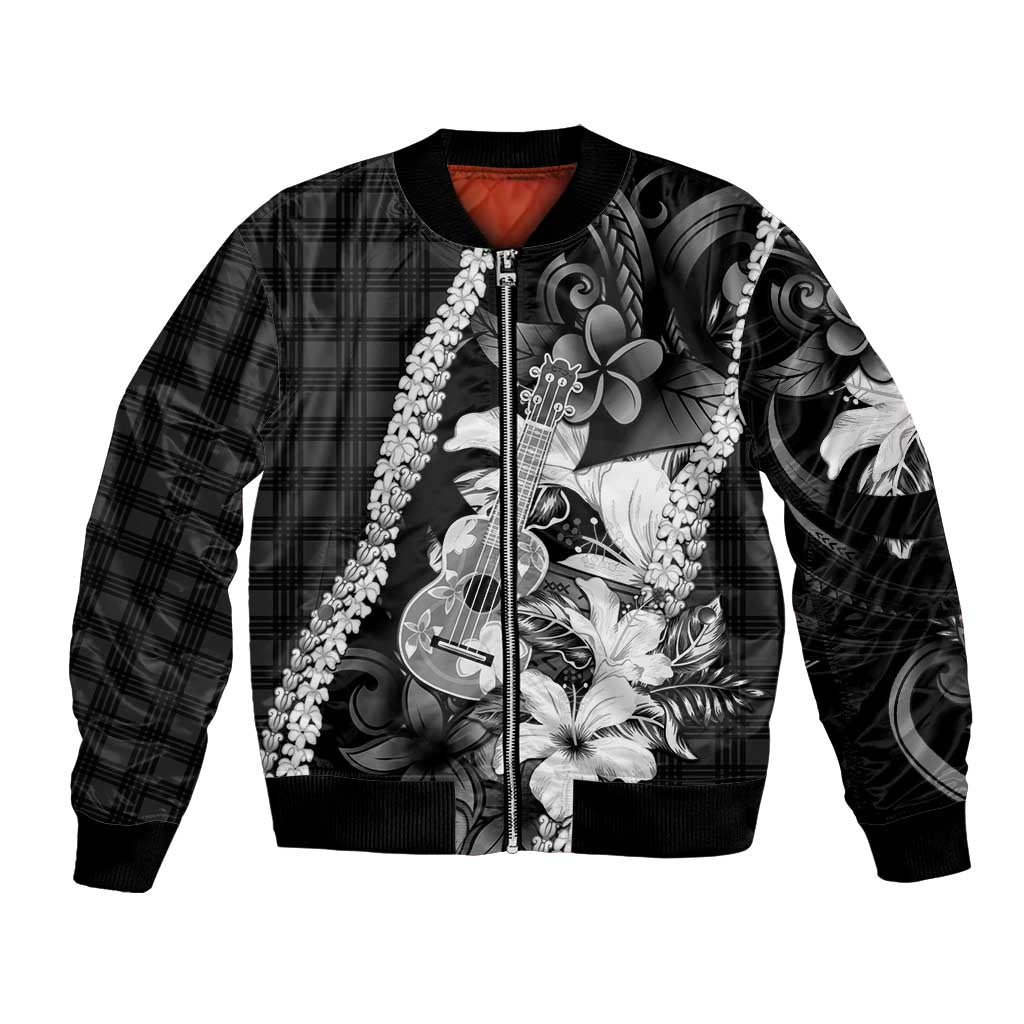 Hawaii Ukulele Bomber Jacket Tropical Flowers With Palaka Effect Black Version - Polynesian Pride