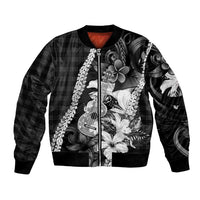 Hawaii Ukulele Bomber Jacket Tropical Flowers With Palaka Effect Black Version - Polynesian Pride