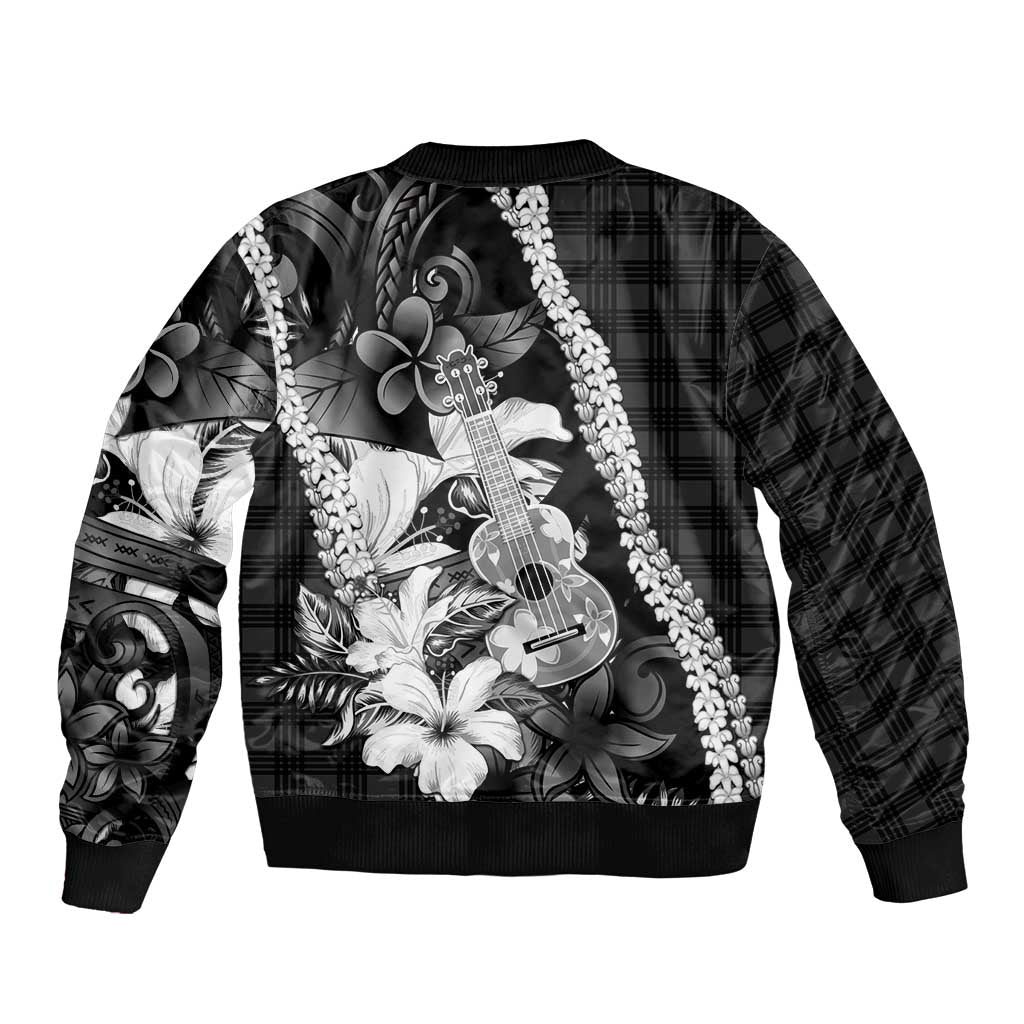 Hawaii Ukulele Bomber Jacket Tropical Flowers With Palaka Effect Black Version - Polynesian Pride