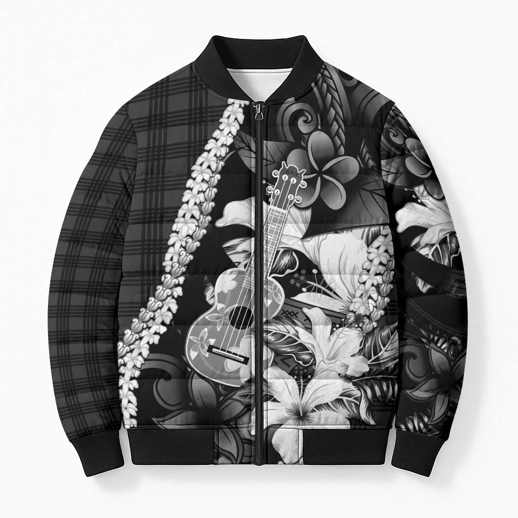 Hawaii Ukulele Bomber Puffer Jacket Tropical Flowers With Palaka Effect Black Version - Polynesian Pride