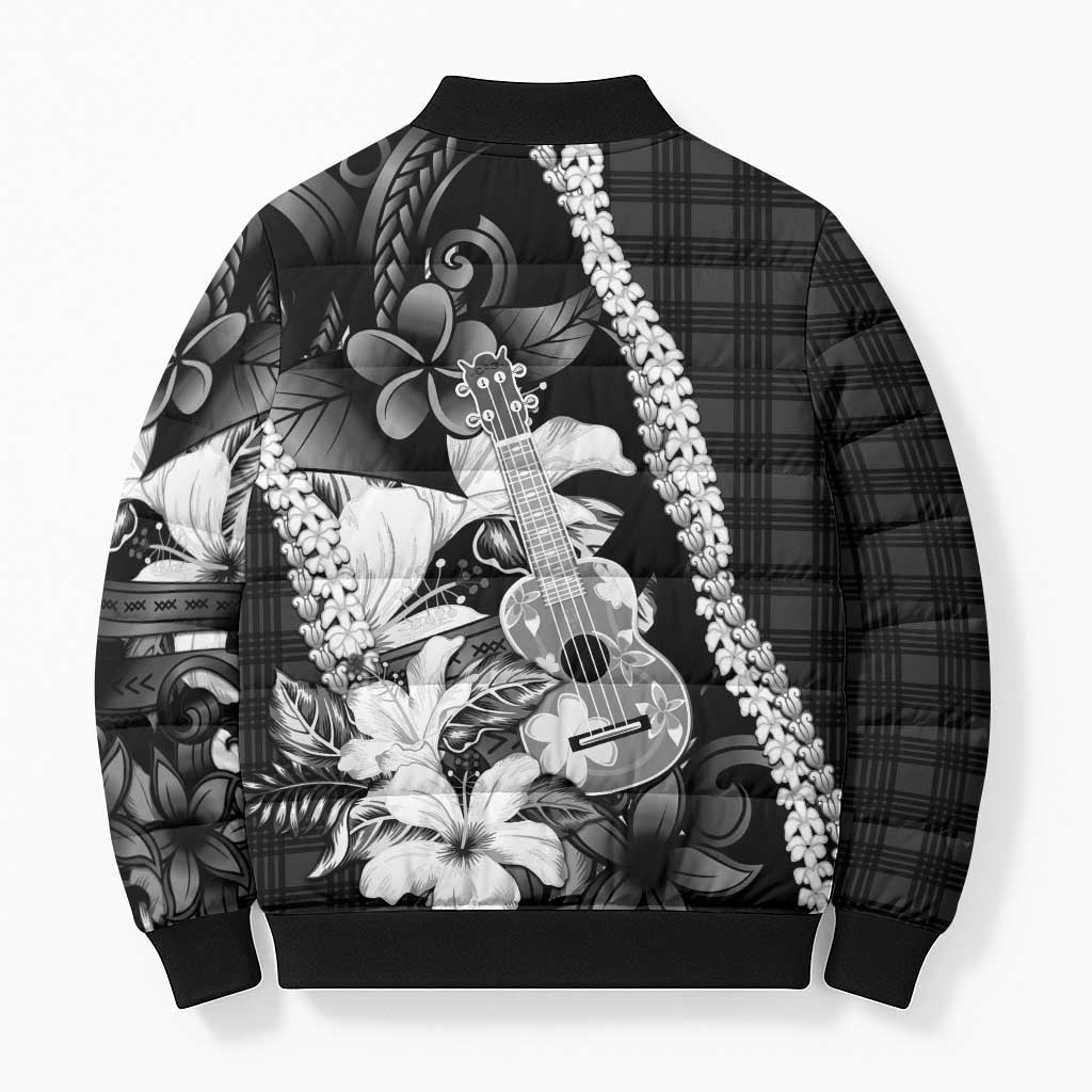 Hawaii Ukulele Bomber Puffer Jacket Tropical Flowers With Palaka Effect Black Version - Polynesian Pride