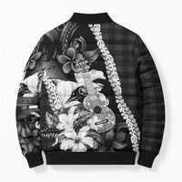 Hawaii Ukulele Bomber Puffer Jacket Tropical Flowers With Palaka Effect Black Version - Polynesian Pride