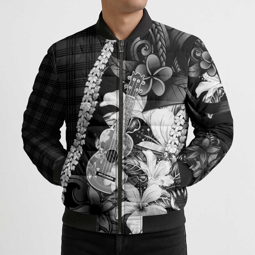 Hawaii Ukulele Bomber Puffer Jacket Tropical Flowers With Palaka Effect Black Version - Polynesian Pride
