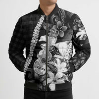 Hawaii Ukulele Bomber Puffer Jacket Tropical Flowers With Palaka Effect Black Version - Polynesian Pride