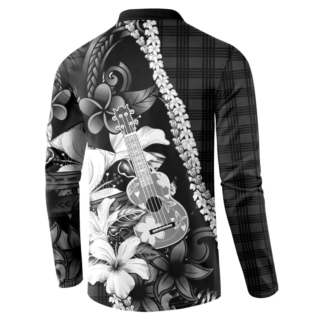 Hawaii Ukulele Button Sweatshirt Tropical Flowers With Palaka Effect Black Version - Polynesian Pride