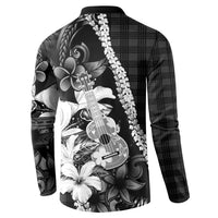 Hawaii Ukulele Button Sweatshirt Tropical Flowers With Palaka Effect Black Version - Polynesian Pride