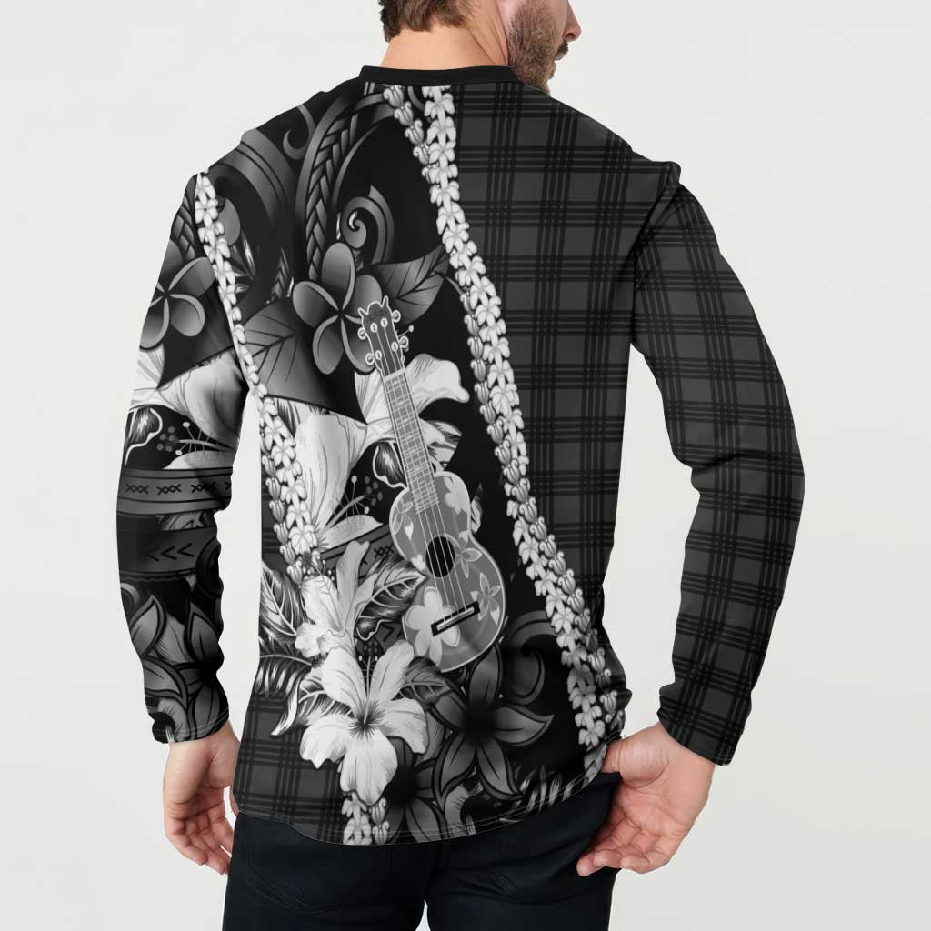 Hawaii Ukulele Button Sweatshirt Tropical Flowers With Palaka Effect Black Version - Polynesian Pride