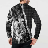 Hawaii Ukulele Button Sweatshirt Tropical Flowers With Palaka Effect Black Version - Polynesian Pride