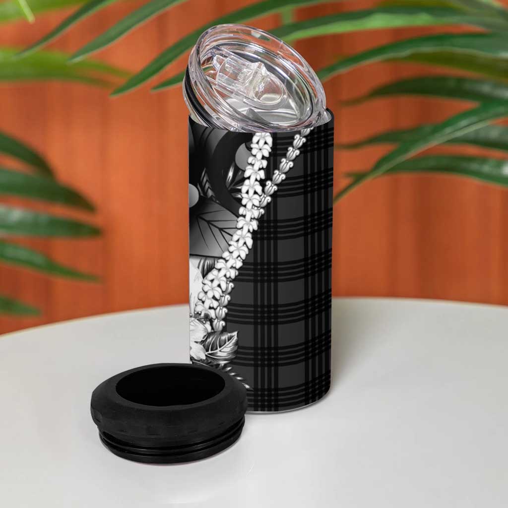 Hawaii Ukulele 4 in 1 Can Cooler Tumbler Tropical Flowers With Palaka Effect Black Version - Polynesian Pride