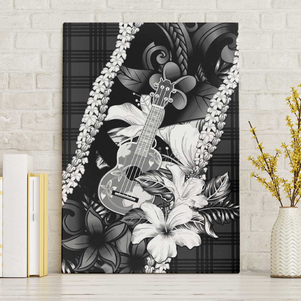 Hawaii Ukulele Canvas Wall Art Tropical Flowers With Palaka Effect Black Version - Polynesian Pride