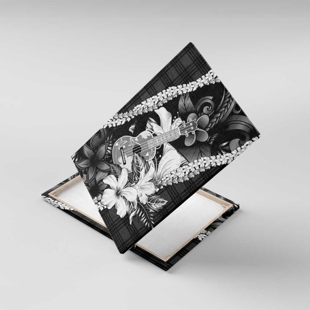 Hawaii Ukulele Canvas Wall Art Tropical Flowers With Palaka Effect Black Version - Polynesian Pride