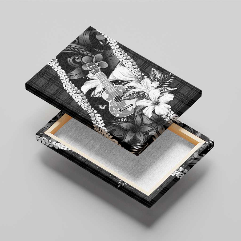 Hawaii Ukulele Canvas Wall Art Tropical Flowers With Palaka Effect Black Version - Polynesian Pride