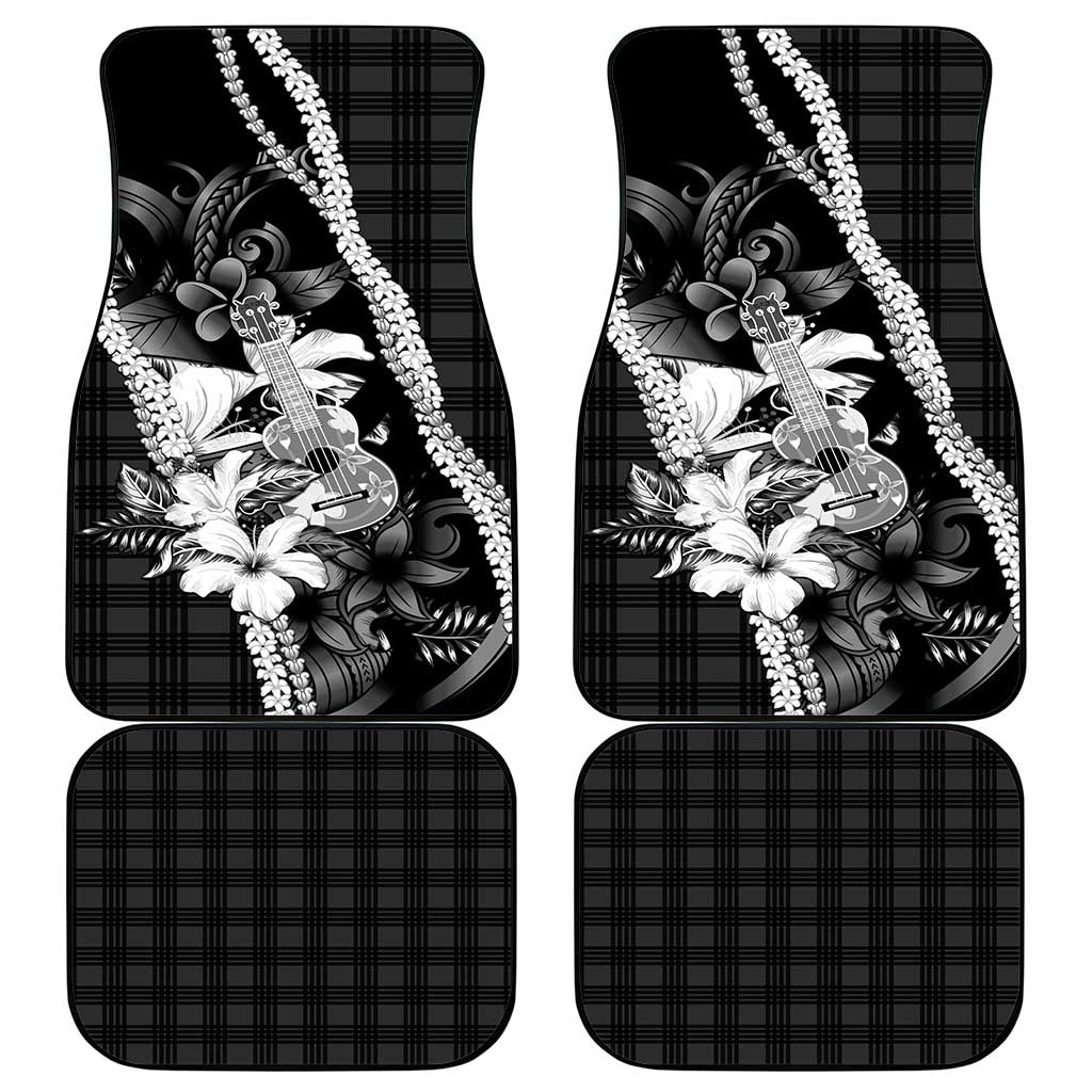 Hawaii Ukulele Car Mats Tropical Flowers With Palaka Effect Black Version - Polynesian Pride