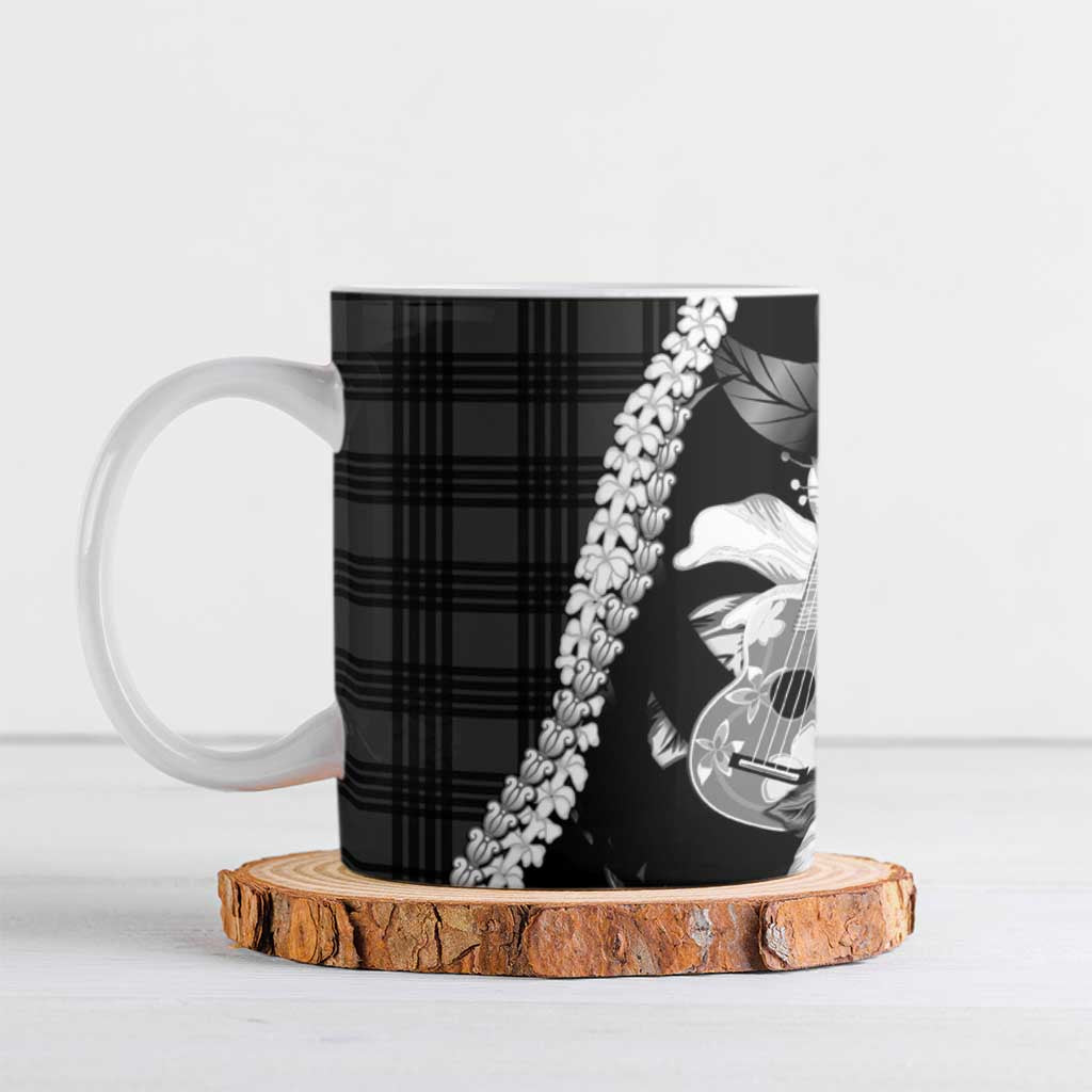 Hawaii Ukulele Ceramic Mug Tropical Flowers With Palaka Effect Black Version - Polynesian Pride