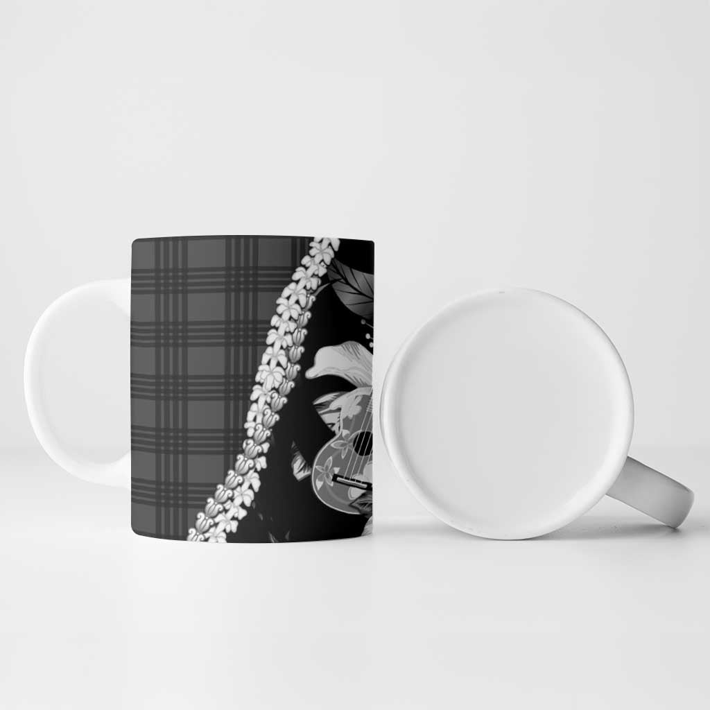 Hawaii Ukulele Ceramic Mug Tropical Flowers With Palaka Effect Black Version - Polynesian Pride