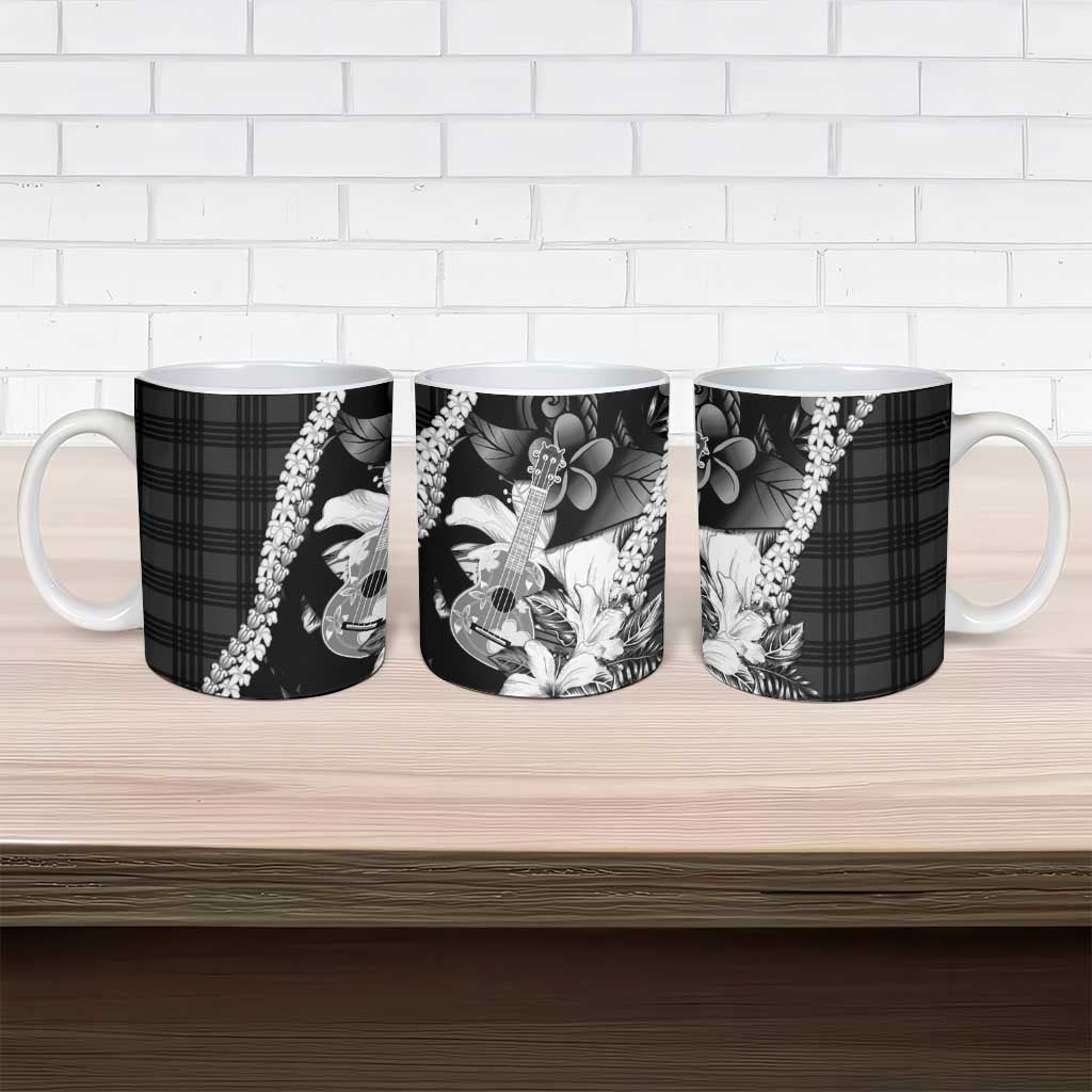 Hawaii Ukulele Ceramic Mug Tropical Flowers With Palaka Effect Black Version - Polynesian Pride