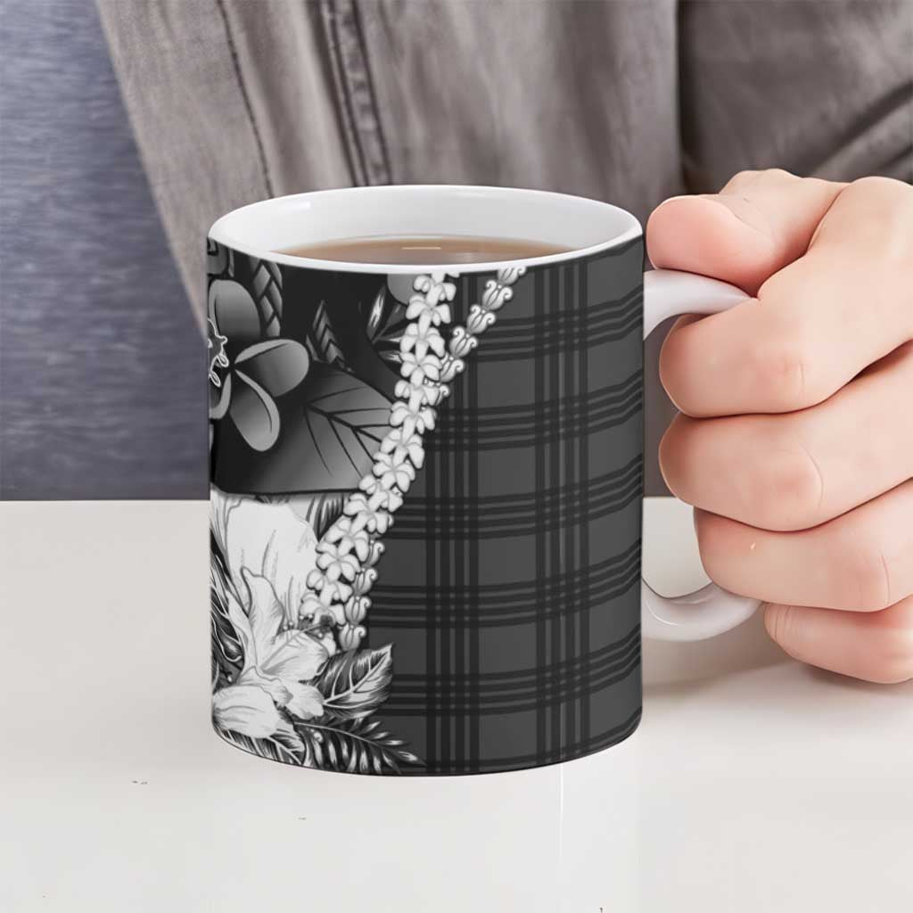 Hawaii Ukulele Ceramic Mug Tropical Flowers With Palaka Effect Black Version - Polynesian Pride