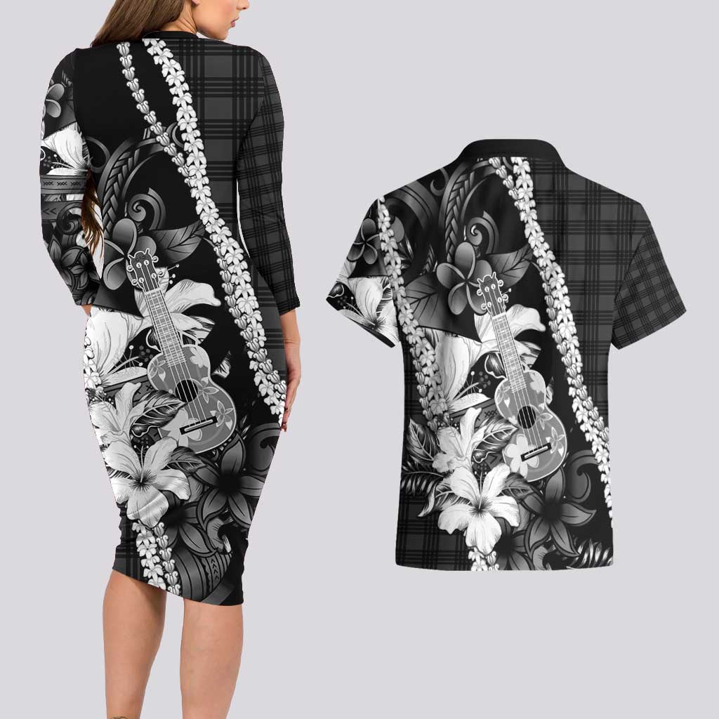 Hawaii Ukulele Couples Matching Long Sleeve Bodycon Dress and Hawaiian Shirt Tropical Flowers With Palaka Effect Black Version - Polynesian Pride